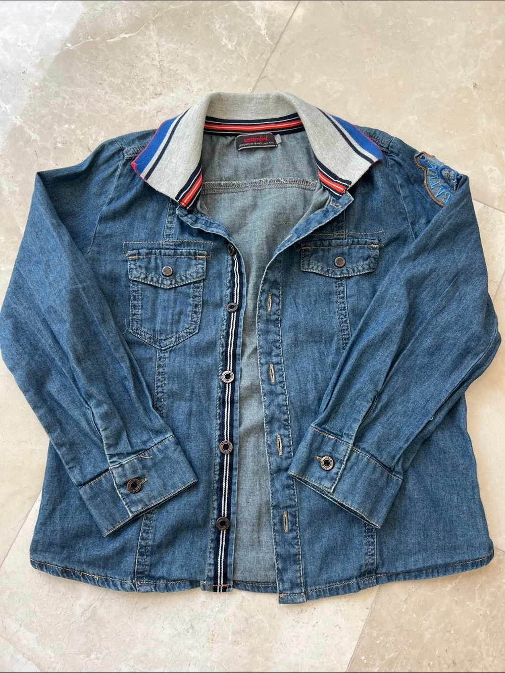Catimini Kids Blue Denim Button-Up Shirt Jacket Striped Collar